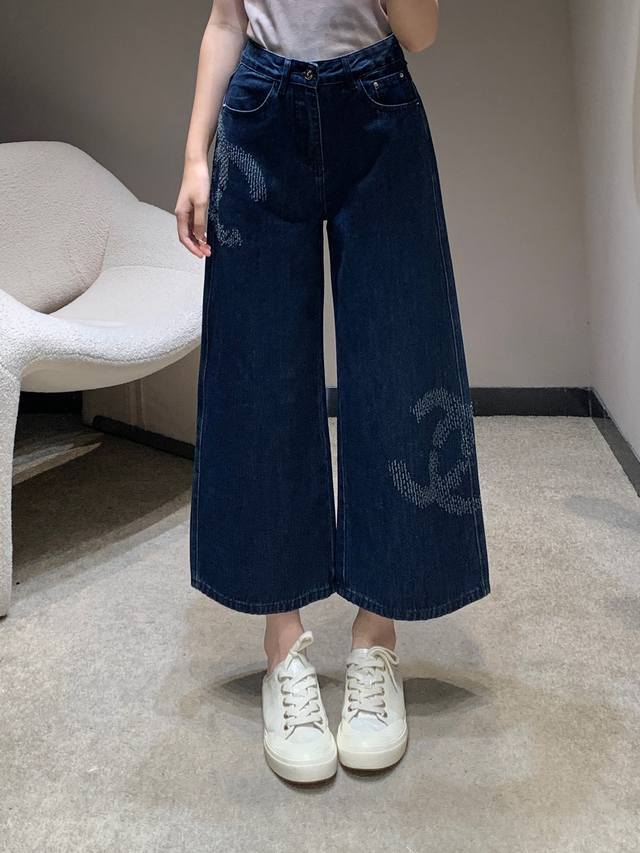 chane* 25Ss New Spring And Summer Double C Straight Wide-Leg Denim Nine-Point