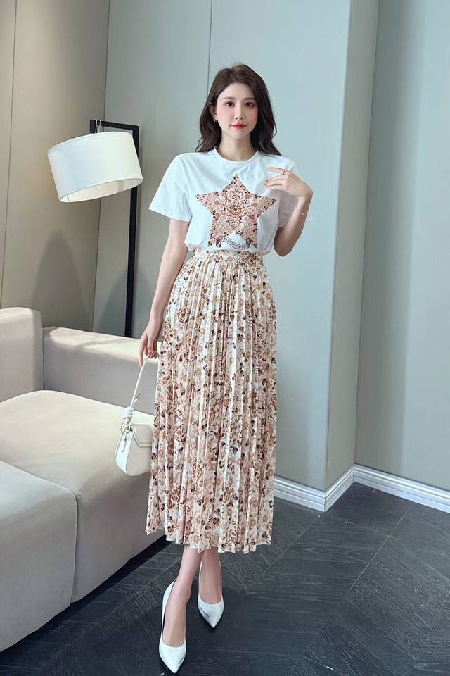 Suit Dior Five-Pointed Star Flower Print Short-Sleeved T-Shirt Print Pleated Ski