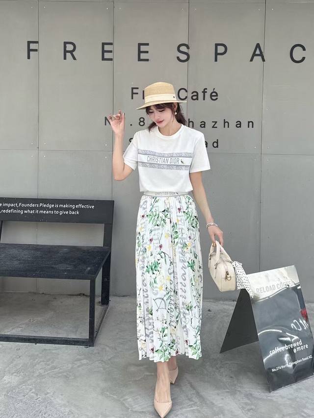 Suit Dior Grey Letter Logo Print Short-Sleeved T-Shirt Floral Print Pleated Skir