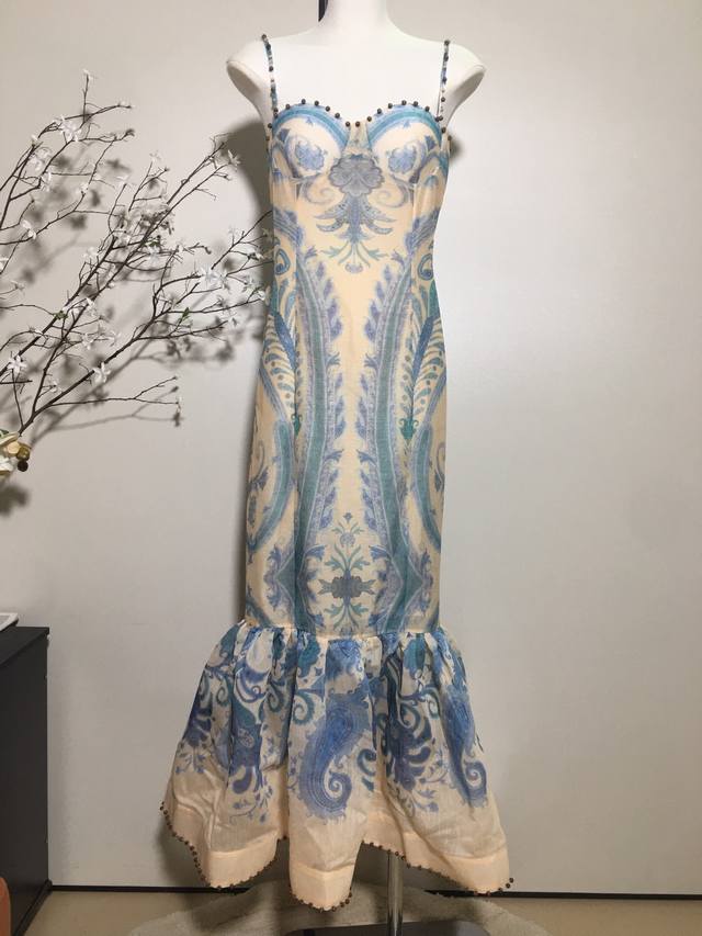 zimmerm*Blue Vintage Print Silk Linen Turquoise Paisley Pattern Strapless Fis