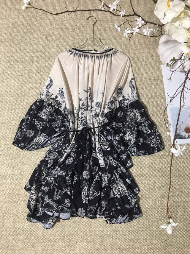 zimmermann Ladies Lantern Sleeves Printed Bat Sleeves Irregular Ruffle Dress