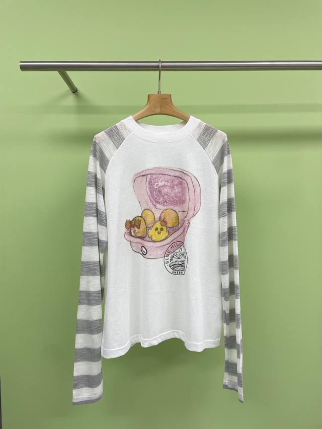 cheeri Upi25 Summer New Egg Print Striped Raglan Long Sleeve T-Shirt Cheeri U