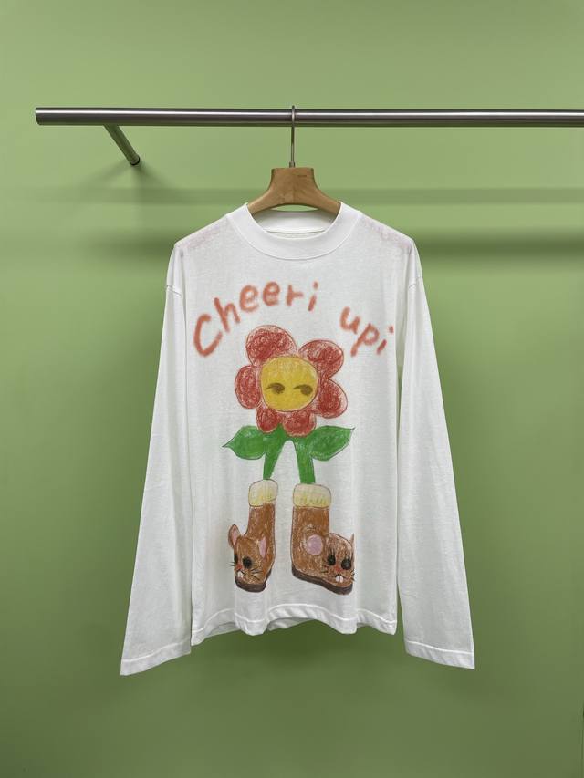 cheeri Upi2025 Spring And Summer White Happy Mouse Flower Graffiti Long Sleev