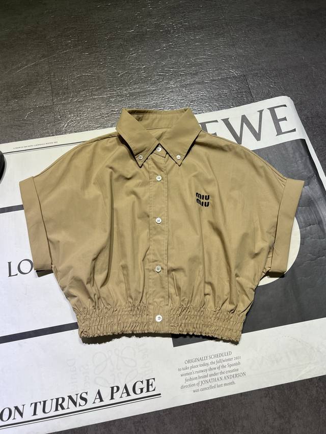 miumi* 25Ss Spring And Summer New Style Lapel Elastic Waist Khaki Short-Sleev