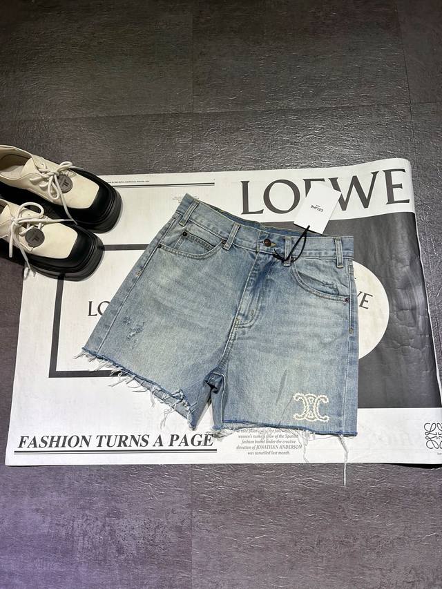 pp Celin* 25Ss Spring And Summer New Logo Embroidered Raw Edge Ripped Denim S