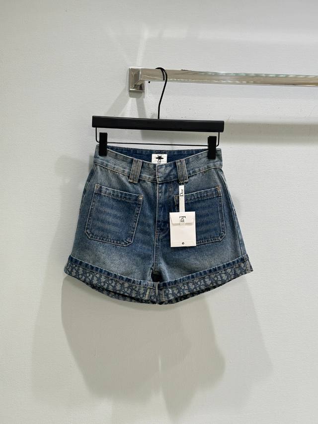 25Ss New Spring And Summer Styles, Old Floral Hem Denim Shorts, Double Pocket