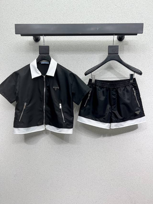 p Home Nylon Lapel Short-Sleeved Top + Shorts Set Contrast Color Design High