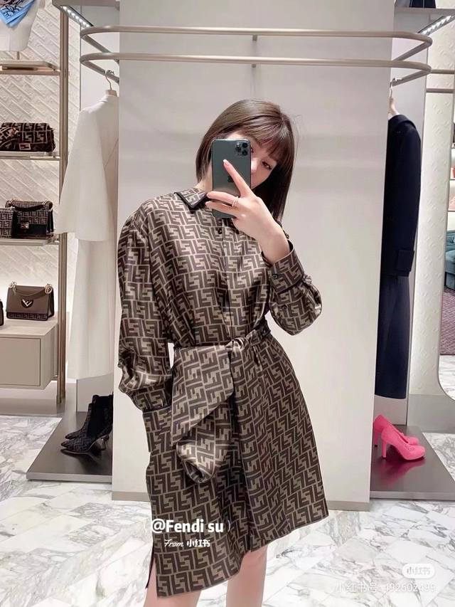 fend* Classic Double F Letter Monogram Silk Shirt Dress Smlxl