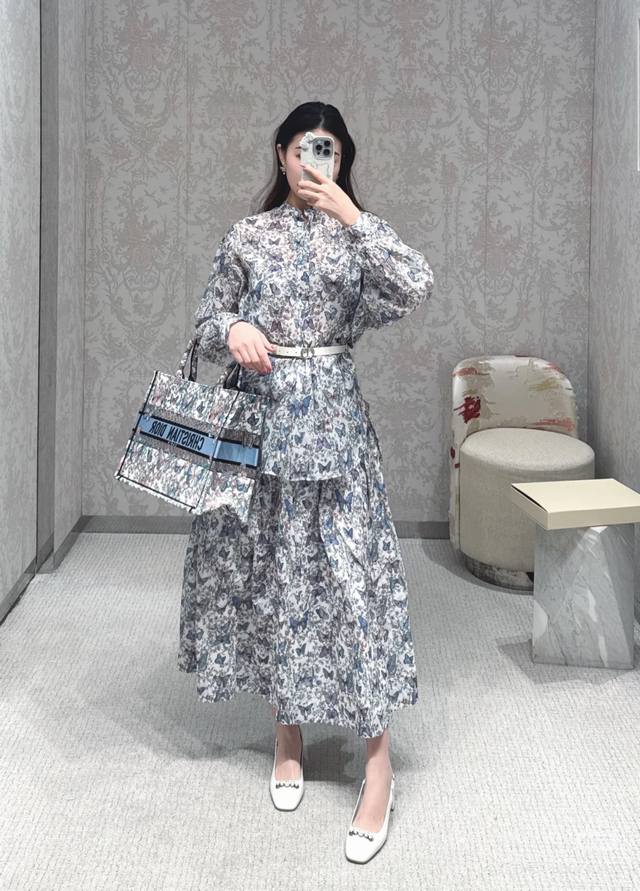 Top Skirt Di*R Summer 25 Early Spring Butterfly Print Cotton Shirt Pleated Long
