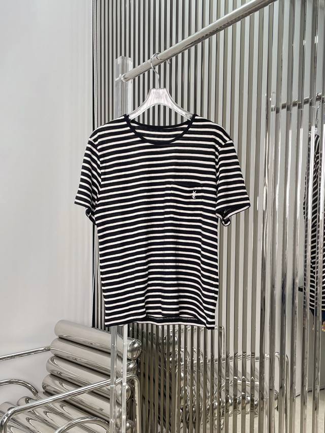 New Latest Slp 80New Logo Embroidery Knitted Striped Short-Sleeved Top Size Sml