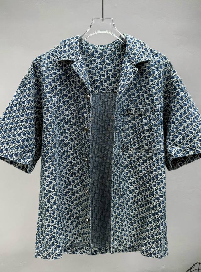 dior 25Ss Full Print Jacquard Denim Short Sleeve Jacket Heavy Wash Soft Feel