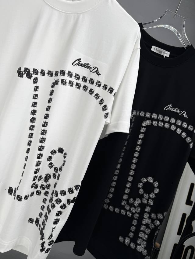 dior 25Ss Summer New T-Shirt Front And Back Panel Glitter + Print Custom 32 D