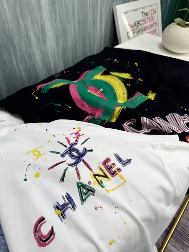 chanel 25Ss Summer New T-Shirt Printing + Hand-Painted Craft Round Neck Casua