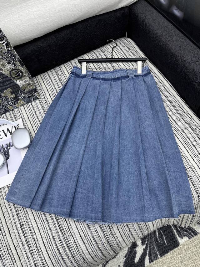 Hot Item In Stock Original Quality Miu* Embroidered Letters Pleated Denim Long S