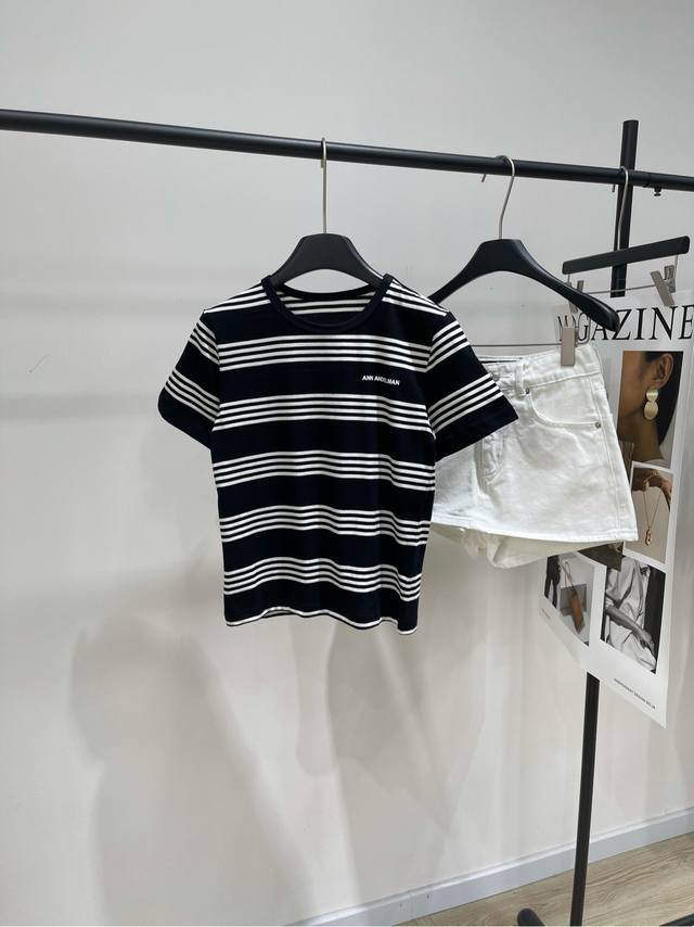 ann Black And White Striped Letter Short-Sleeved T-Shirt Fabric: Finely Spun