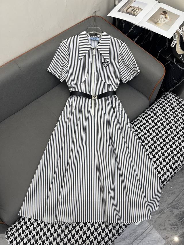 prad* 25Ss New Striped Lapel Dress With Triangle Logo Decoration And Belt, Fa