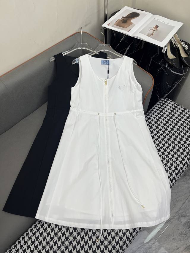 prad* 25Ss New Sleeveless Dress With Triangle Logo Decoration, Drawstring Wai