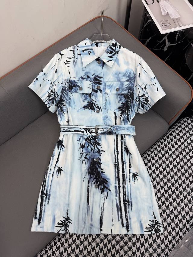 dio* 25Ss New Denim Lapel Dress New Pattern Printed Fabric With Belt Temperam