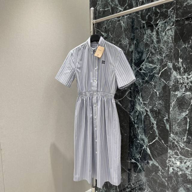 miu 25 Summer New Striped Short-Sleeved Shirt Dress With Classic Brand Logo E