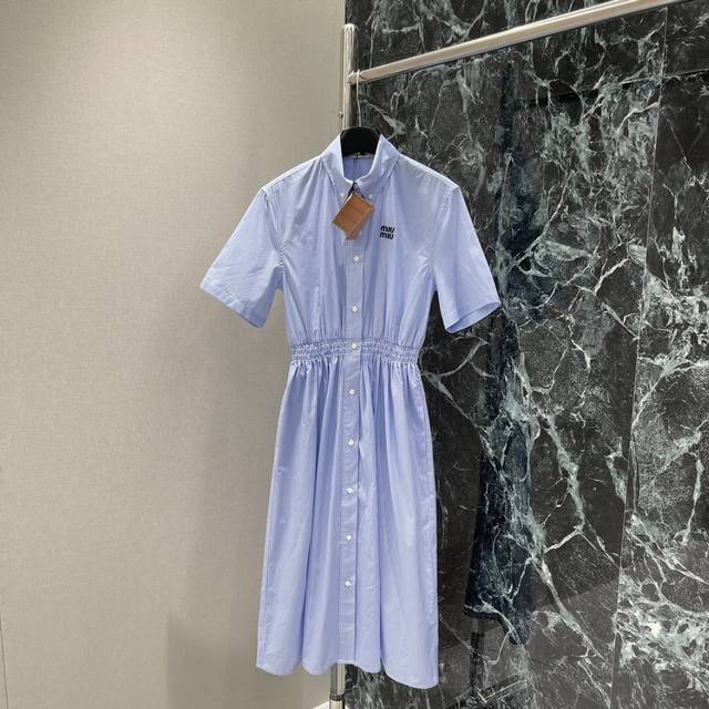 miu 25 New Summer Elastic Waist Striped Short-Sleeved Shirt Dress With Classi
