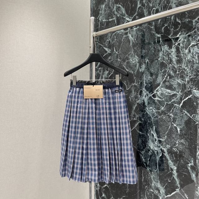 miu 25 Summer New Checkered Pleated Long Skirt Elastic Mid-High Waist Pleated