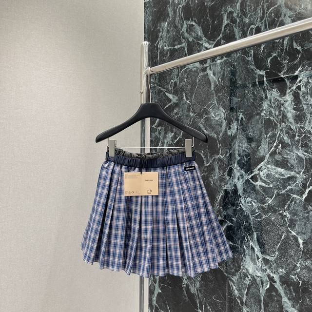 miu 25 New Summer Plaid Pleated Skirt Elastic Mid-High Waist Pleated Skirt On