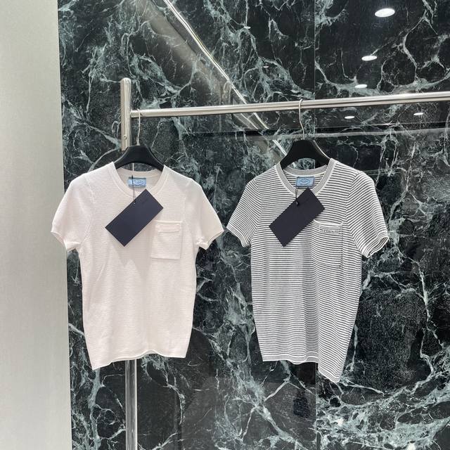 25 New Summer Style Pocket Micro-Label Knitted Short Sleeves Classic Stripes