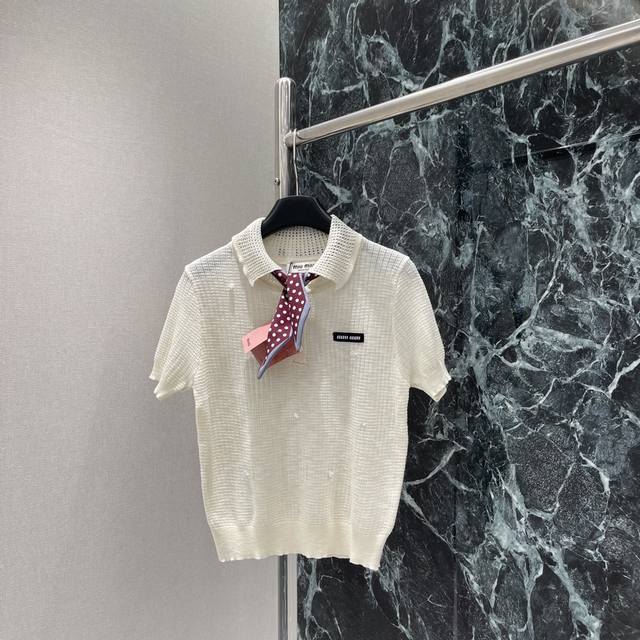 miu 25 Summer New Hollow Knitted Lapel Short Sleeves The Whole Body Uses Holl