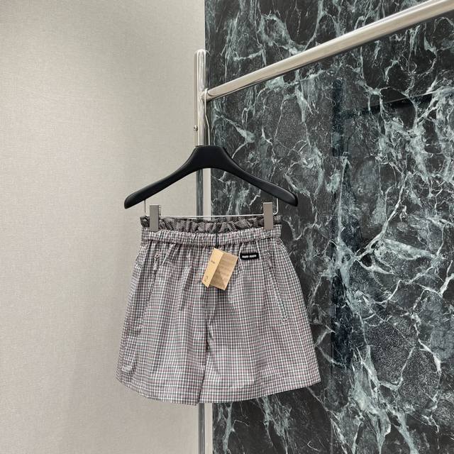 miu 25 Summer New Retro Plaid Flower Waist Pleated Shorts Waist Embroidered L