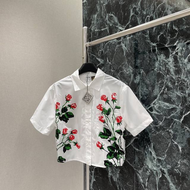 Loewe 25 New Summer Lapel Printed Short-Sleeved Shirt With Red Rose Prints And G