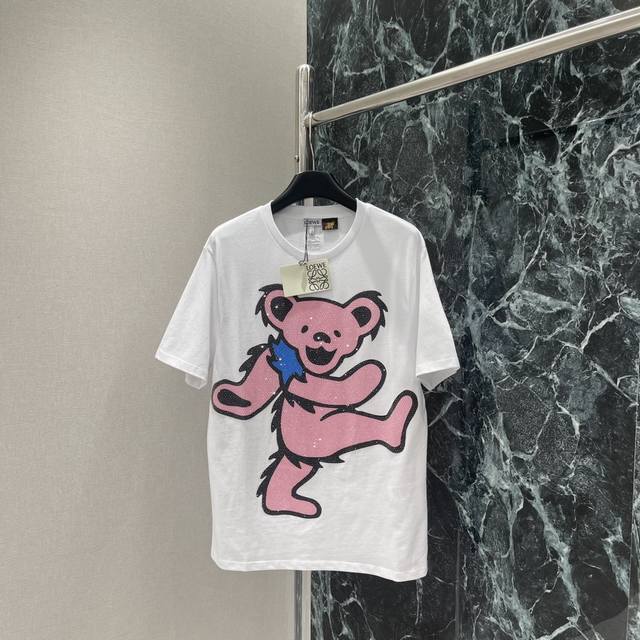 Loewe 25 New Summer Style Heavy Hot Diamond Cartoon T-Shirt With Hand-Painted Co