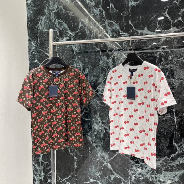 Louis 25 Summer New Style Printed Cherry Short-Sleeved T-Shirt Collar With Metal