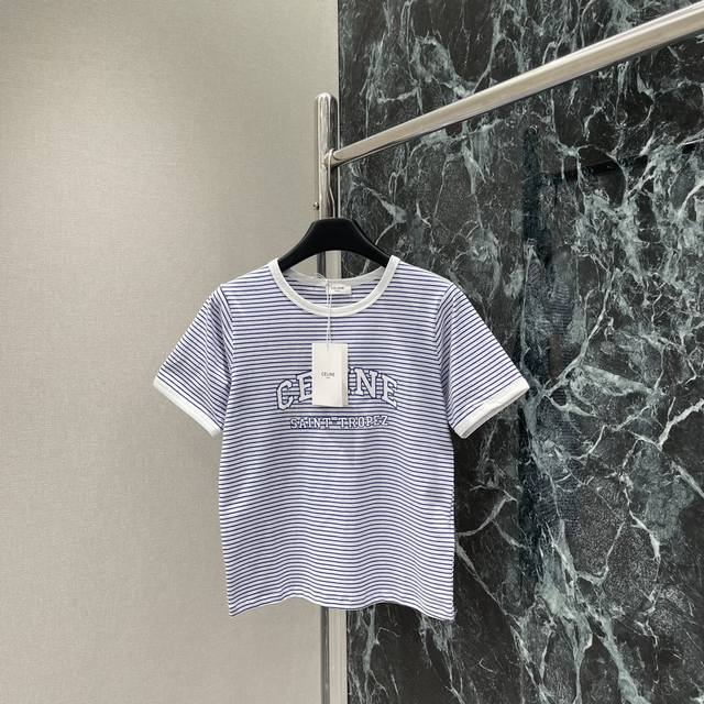 ce 25 Summer New Letter Print Short-Sleeved T-Shirt With Stripes All Over The