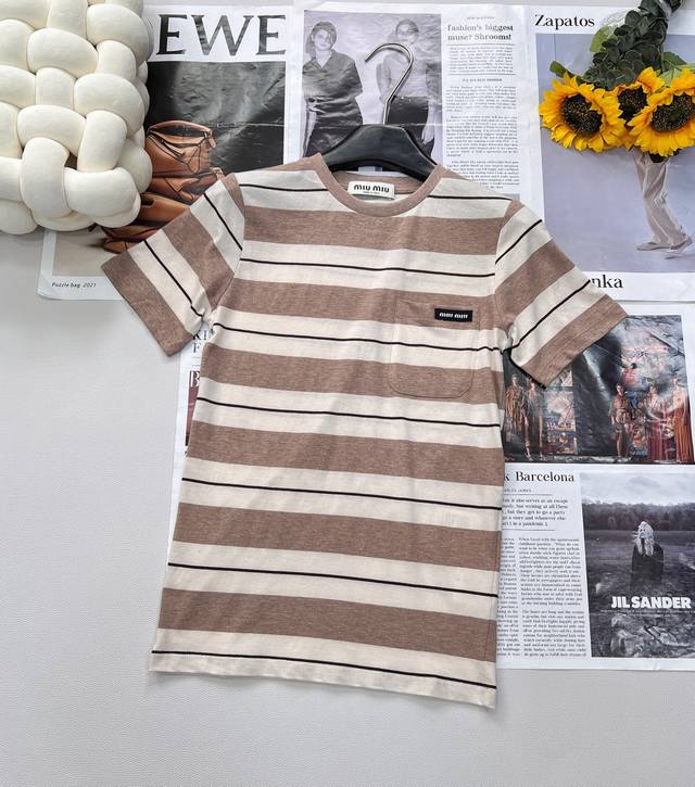 miumiu25Ss New Spring And Summer Logo Contrast Striped Short-Sleeved T-ShirtE