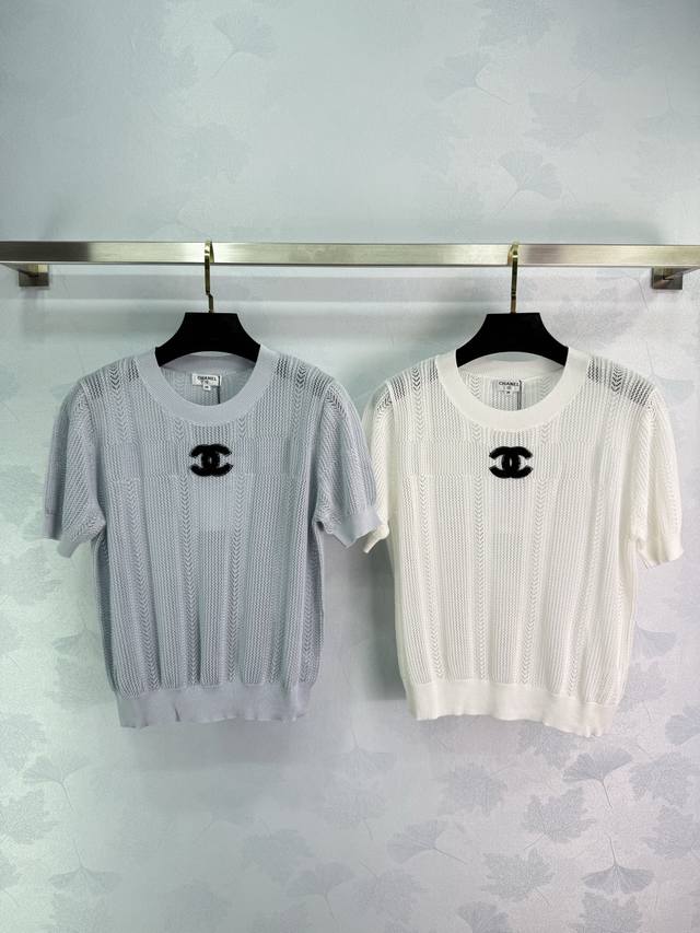chane* Summer New Hollow Knit Short-Sleeved Top With Classic Double C Logo, T