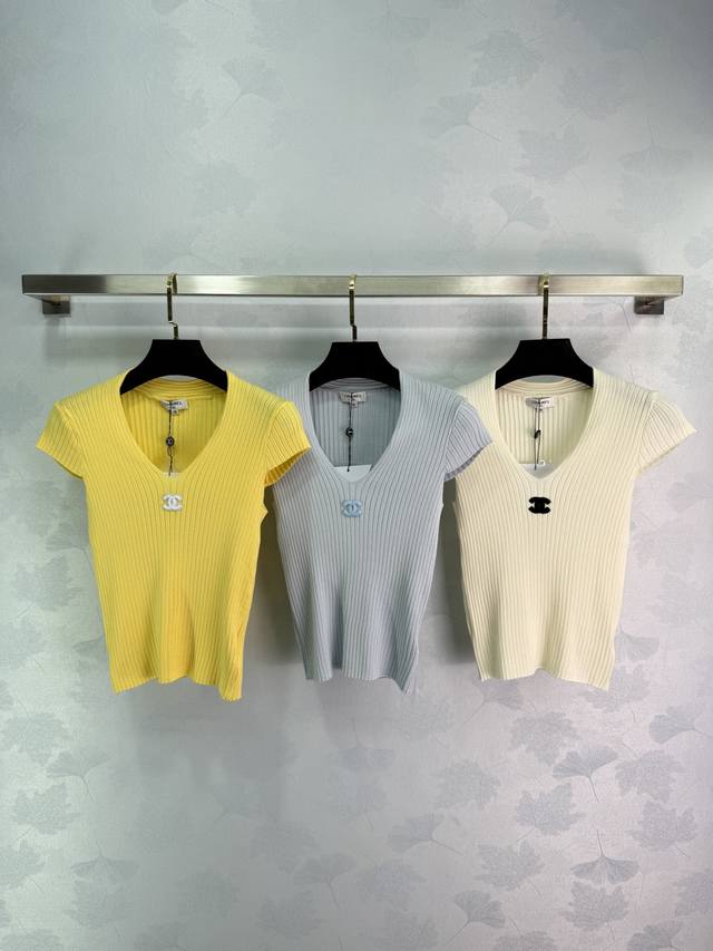 chane*Short-Sleeved V-Neck Knitted Top With Classic Double C Embroidery In Th