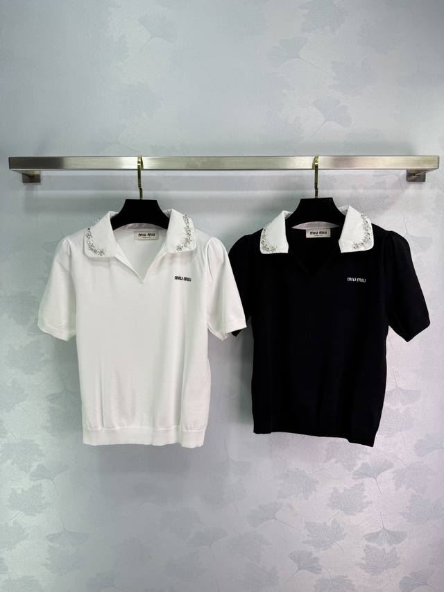 miu*Small V-Neck Short-Sleeved Top Available In Classic Black And Pure White