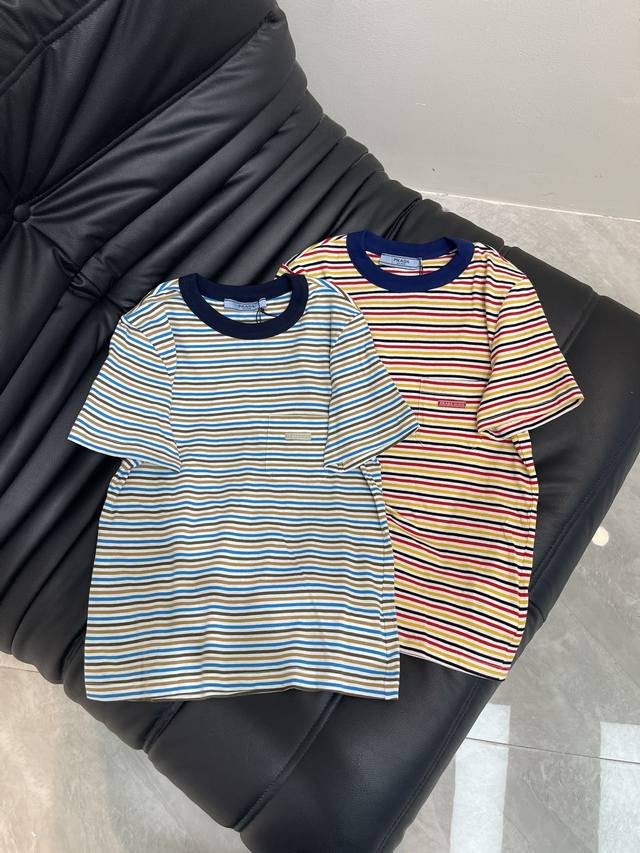 prad*25 Spring And Summer New Striped Round Neck Short-Sleeved T-Shirt Custom