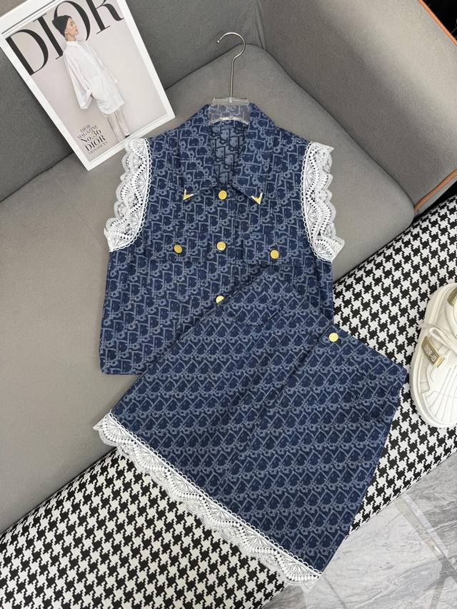 dio* 25Ss New Lapel Vest Top Skirt Suit Lace Stitching Decoration Denim Jacqu