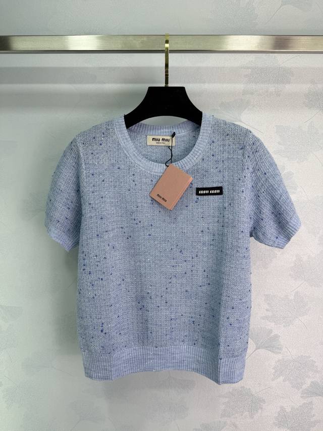 miu Mi* Blue Round Neck Short-Sleeved Knitted Top Is Suitable For Summer Wear