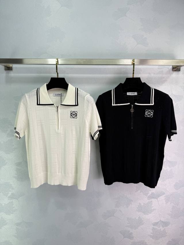 loe*Short-Sleeved Knitted Top With Black And White Available. Lapel Design. S