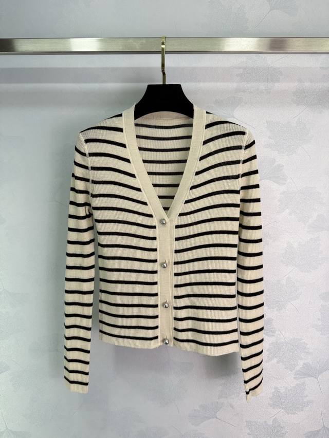 dio* Striped Cardigan Pearl Button Design V-Neck Slim Fit Classic Style Comfo