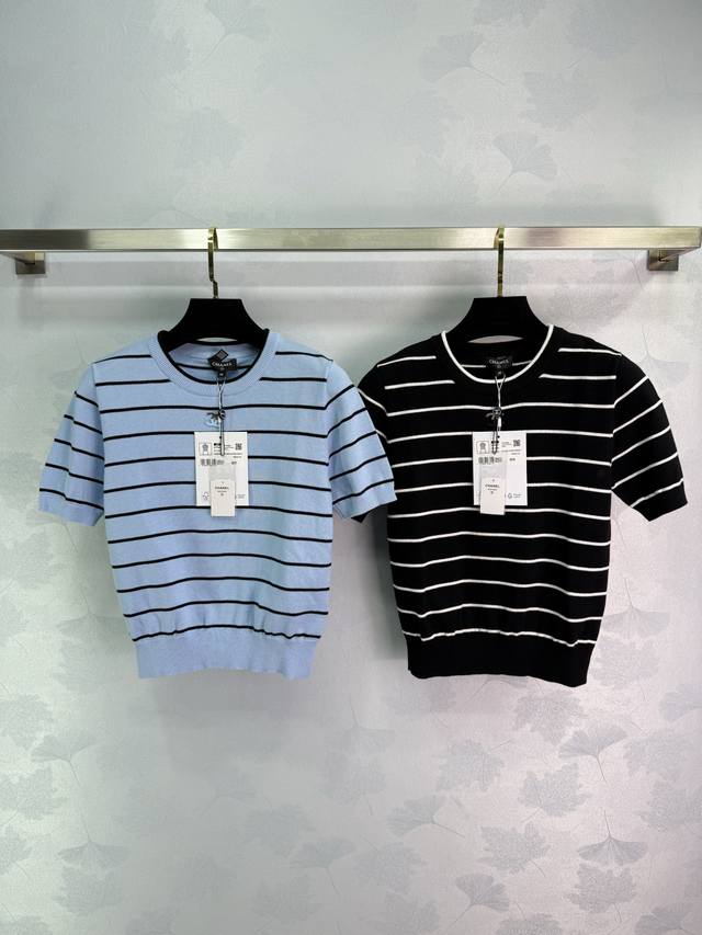 chane* Striped Short-Sleeved Knitted Top With Classic Double C Logo Design, F