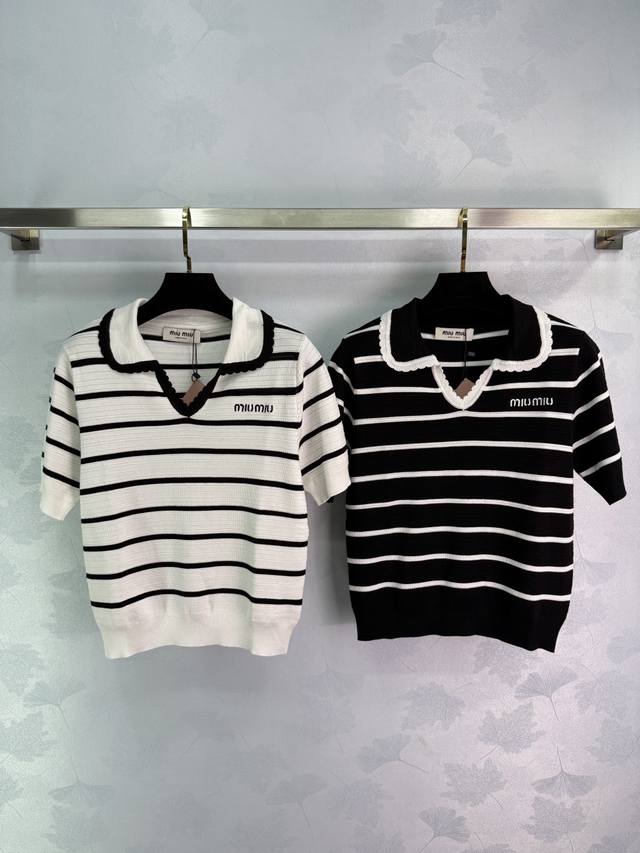 miu*Black And White Striped Lace Collar Knitted Short Sleeves Classic And Ver