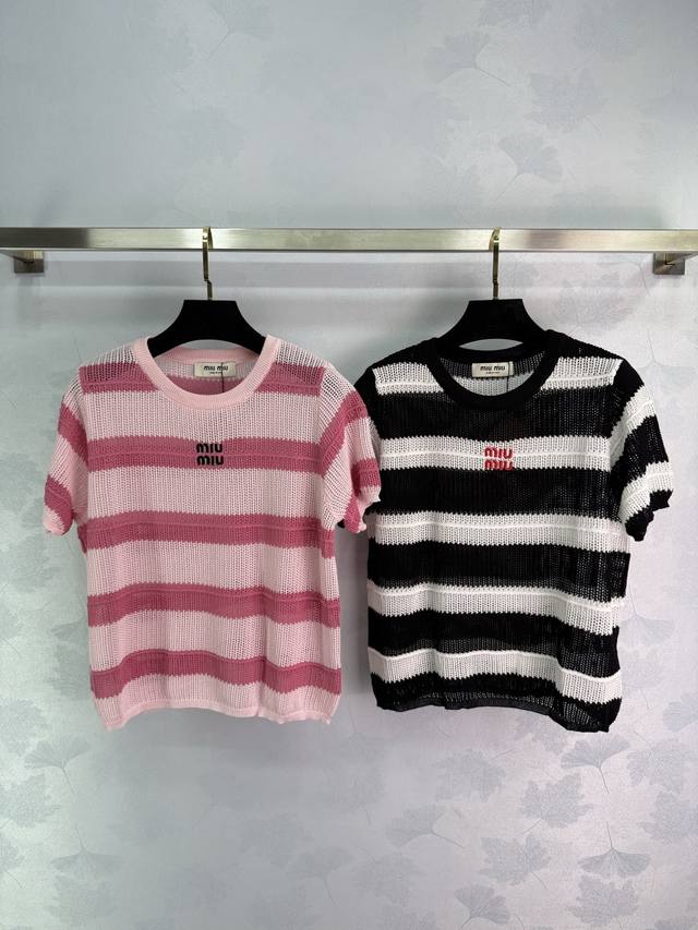 miu Mi* Striped Knitted Short Sleeves. Tender Pink And Classic Black And Whit