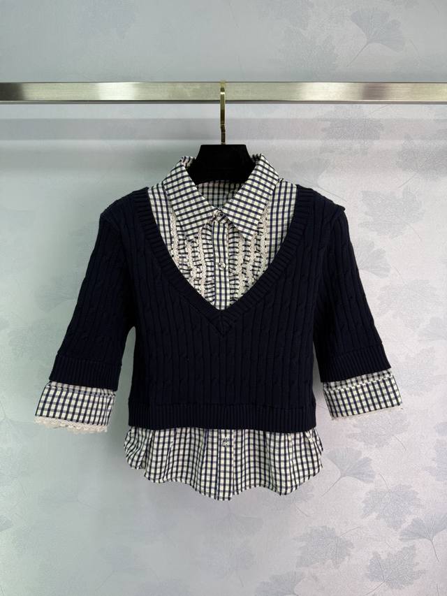 Small Plaid Stitching Lapel Short Sleeves Fabric Is Soft And Comfortable No Pill
