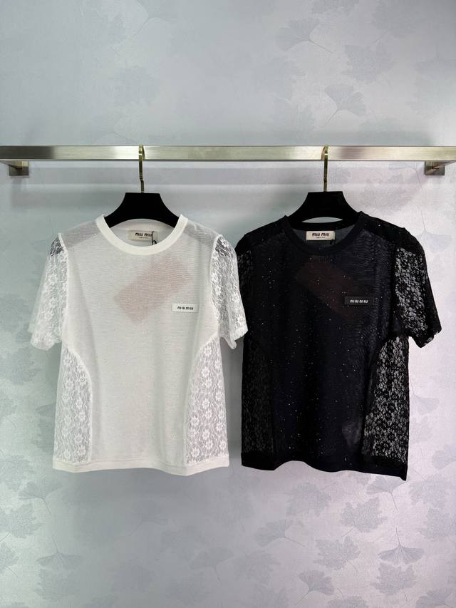 miu*Lace Patchwork Short-Sleeved T-Shirt Available In White And Black. The Be