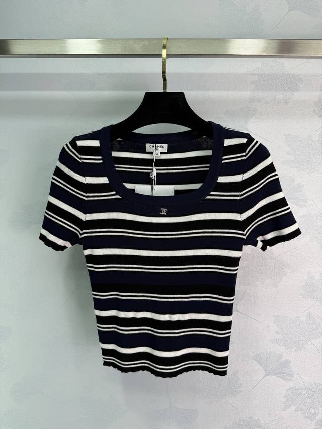 chane* New Summer Striped Short-Sleeved Knitted Top Classic Black And White C