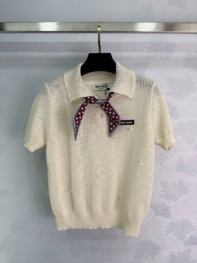 miu*Silk Scarf Lapel Short-Sleeved Sweater Apricot Color Summer Thin Breathab
