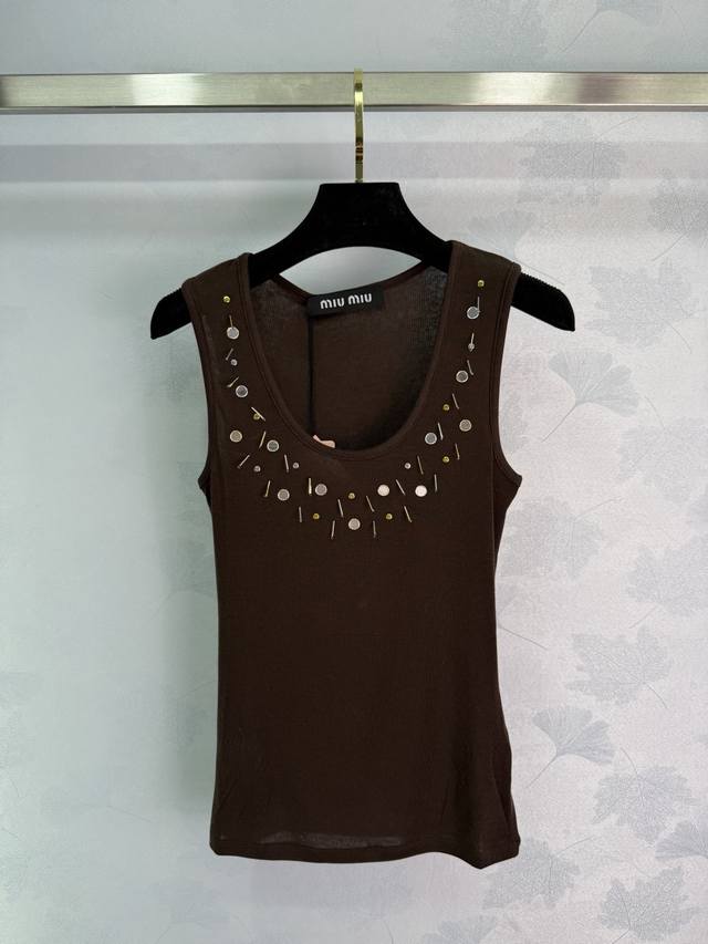 miumi* 25Ss Spring And Summer New Caramel Color Beaded Metal Decoration Slim